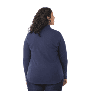 A navy quarter zip jacket for women, featuring a fitted design and a logo on the back.