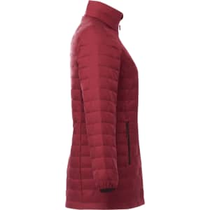 A women's lightweight packable insulated puffer jacket in a rich burgundy colour, featuring a high collar and side pockets.