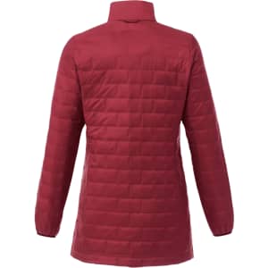 A burgundy lightweight puffer jacket with a packable design and a high collar, featuring a logo on the back.