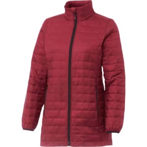 A women's puffer jacket in deep red with a zip closure and high collar, featuring a logo. Lightweight and insulated design.