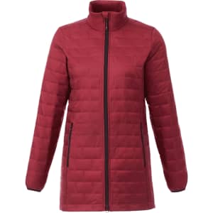 A burgundy lightweight packable insulated puffer jacket with a zip front and side pockets. Features a collar and logo.