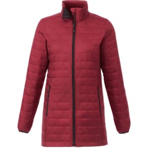 A lightweight insulated puffer jacket in a rich burgundy colour, featuring a zip front and two side pockets.