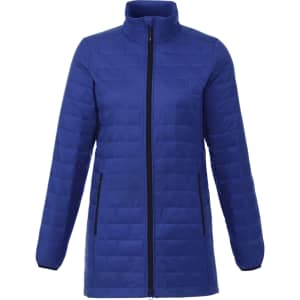 A lightweight, insulated puffer jacket in blue with a zip front and side pockets. Features a logo on the chest.