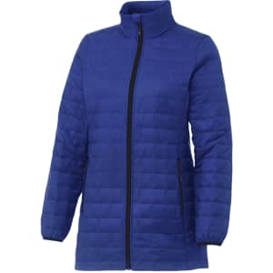 A blue lightweight packable insulated puffer jacket with a high collar and zippered pockets. Features a logo.
