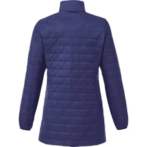 A navy lightweight packable insulated puffer jacket with a collar and long sleeves, featuring a logo.