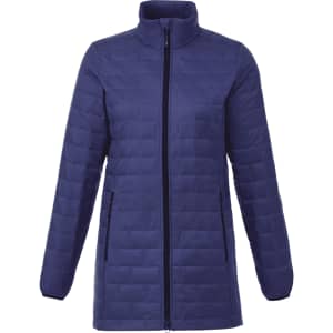 A navy puffer jacket featuring a zip front, high collar, and side pockets. It has a lightweight, insulated design.