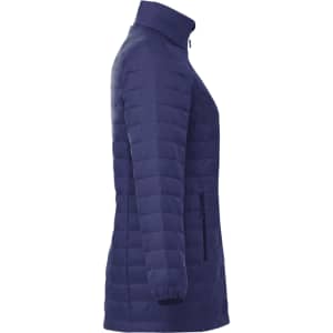 A lightweight packable insulated puffer jacket in navy, featuring a high collar and zippered side pockets.