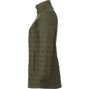 A lightweight packable insulated puffer jacket in olive green, featuring a high collar and zippered pockets.