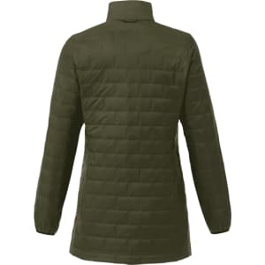 A lightweight packable insulated puffer jacket in olive green, featuring a quilted design and a collar.