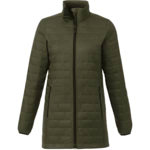 A lightweight, packable insulated puffer jacket in olive green with a zip front and two side pockets.