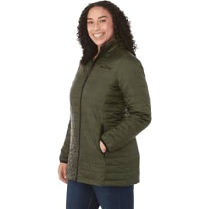 A lightweight, packable insulated puffer jacket in dark green, featuring a zippered front and side pockets.