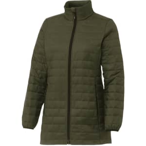 Lightweight, insulated puffer jacket in an olive green colour with a zippered front and a high collar. Features side pockets.