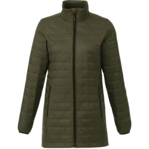 A lightweight packable insulated puffer jacket in dark green with a high collar and long sleeves. Features zippered pockets and a logo.