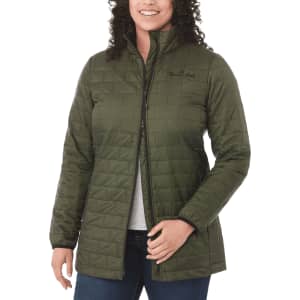 A green insulated puffer jacket with a zip-up front and a high collar, featuring a logo.