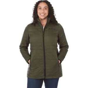 A lightweight packable insulated puffer jacket in olive green with a zip front and pockets, featuring a logo.