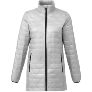 A lightweight, packable insulated puffer jacket in light grey with a high collar and zip-up front. Features zippered pockets.