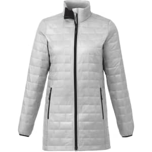 A lightweight, packable insulated puffer jacket in grey with a zip front and black accents.