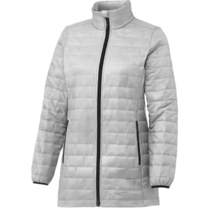 A lightweight, packable puffer jacket in silver with a zip front and high collar, featuring a logo on the sleeve.