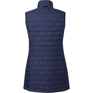 A navy blue women's insulated puffer vest, featuring a quilted design and a high collar. It has a logo on the back.