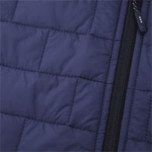 A navy blue insulated puffer vest with a zip detail and a quilted texture.