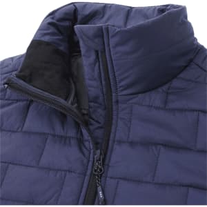 A navy blue women's lightweight packable insulated puffer vest featuring a high collar and zippered opening.