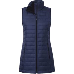 A navy women's lightweight packable insulated puffer vest with a high collar and a zip closure.