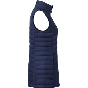 A navy lightweight packable insulated puffer vest, featuring a sleek design and zip closure, with one side pocket.