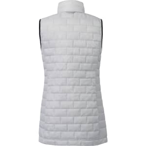 A lightweight, packable women's puffer vest in a soft grey colour, featuring a quilted pattern and a collar.