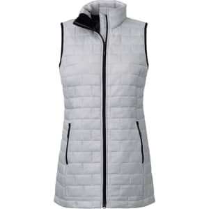 A lightweight packable insulated puffer vest in light grey with black accents and a high collar.