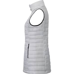 A lightweight packable insulated puffer vest in a light grey colour, featuring a high collar and side pockets.