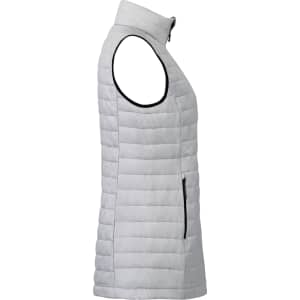 A lightweight packable insulated puffer vest in light grey, featuring a high collar and two zippered side pockets.