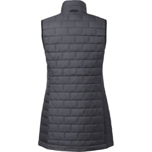 A women's lightweight packable insulated puffer vest in dark grey, featuring a quilted design and a collar.