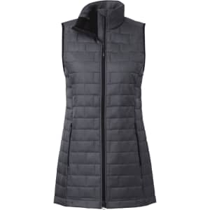 A women's lightweight packable insulated puffer vest in dark grey, featuring a high collar and zip closure, with a branding logo.
