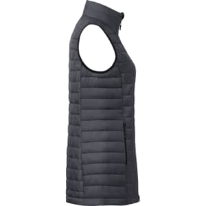 A women's lightweight puffer vest in dark grey, featuring a high collar and sleeveless design with side zippers.