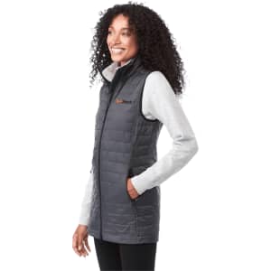 A lightweight, packable insulated puffer vest in dark grey, featuring a sleek design and a logo on the chest.