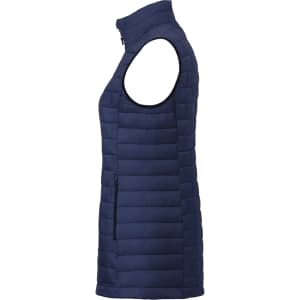 A lightweight navy puffer vest with a zip fastening and side pockets, featuring a logo on the fabric.