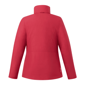 A women's insulated puffer jacket in vibrant red with a high collar and long sleeves, featuring branding on the side.
