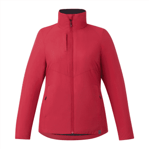 A red women's insulated puffer jacket with a high collar and zippered front, featuring two side pockets and a logo.