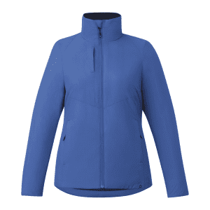 A blue insulated puffer jacket for women with a high collar and zippered pockets. Features a branding logo.