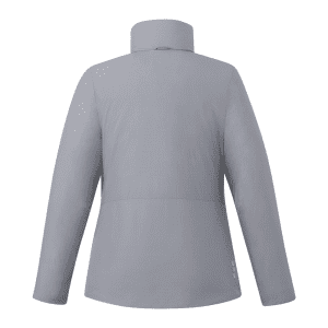 A grey women's insulated puffer jacket with a high collar and a smooth finish, featuring a logo on the back.