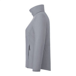 A light grey women's puffer jacket featuring a zip front and side pockets, with a logo on the chest.