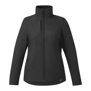 A black women's puffer jacket featuring a zip-up front and a high collar, with side pockets and a logo.