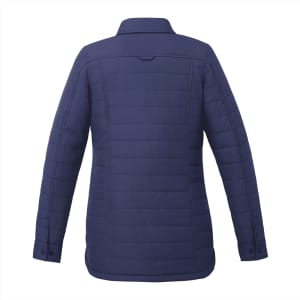 A navy insulated shacket with a quilted design, featuring a collar and buttoned cuffs, and a branding logo.