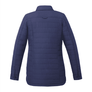A navy insulated shacket with a structured design, featuring long sleeves and a collar, along with a logo.