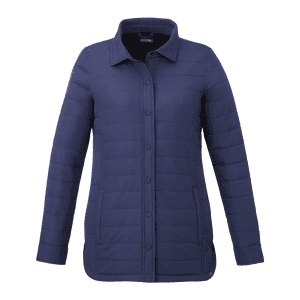 A navy insulated shacket for women, featuring a button-up front and a sleek, quilted design. It has a brand logo.