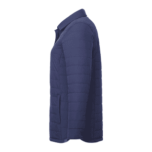 A navy women's insulated shacket featuring a collared design and quilted texture. It has a logo.