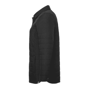 A black insulated shacket for women, featuring a collared design and side pockets, with a logo on the hem.