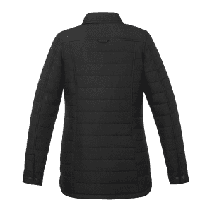 A black insulated women's shacket with a quilted design and a collar, featuring buttons on the sleeves.