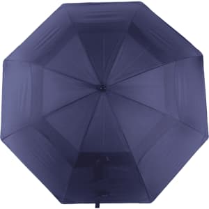 A navy blue vented tipless golf umbrella with an octagonal shape and a central opening mechanism.