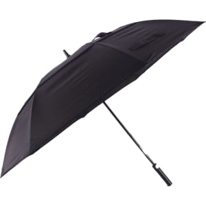 A black vented tipless golf umbrella with a sleek design and a handle, featuring a logo.